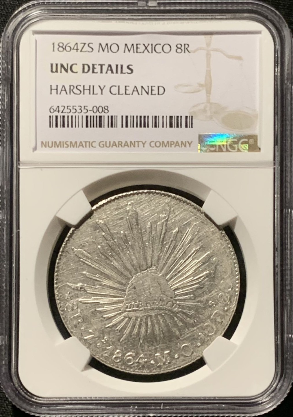 紫瑗钱币——第227期拍卖 墨西哥 1864年 ZS MO 在华流通 花边鹰洋 8里亚尔 银币 NGC UNC Detail
