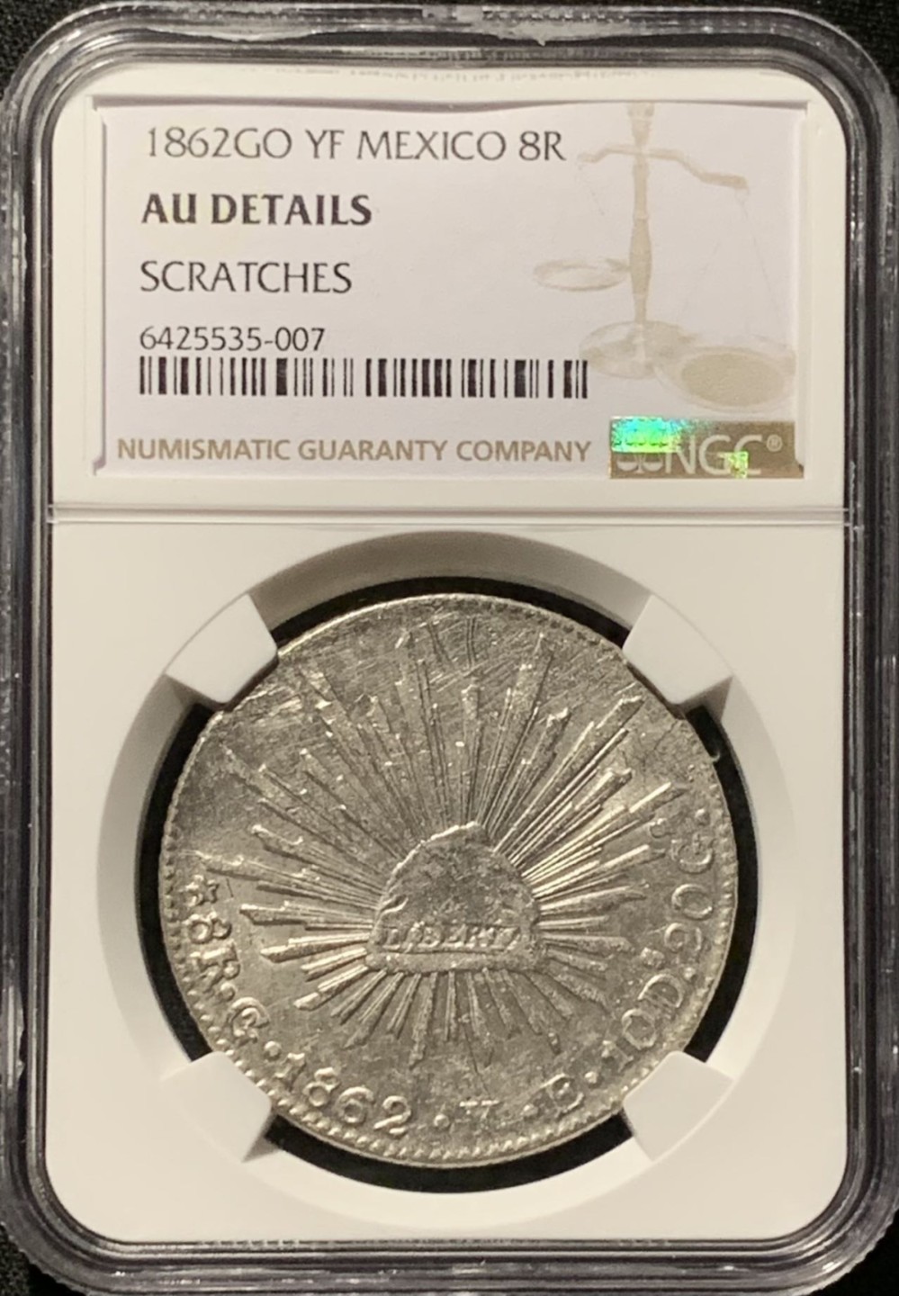 紫瑗钱币——第227期拍卖 墨西哥 1862年 GO YF 在华流通 花边鹰洋 8里亚尔 银币 NGC AU Detail