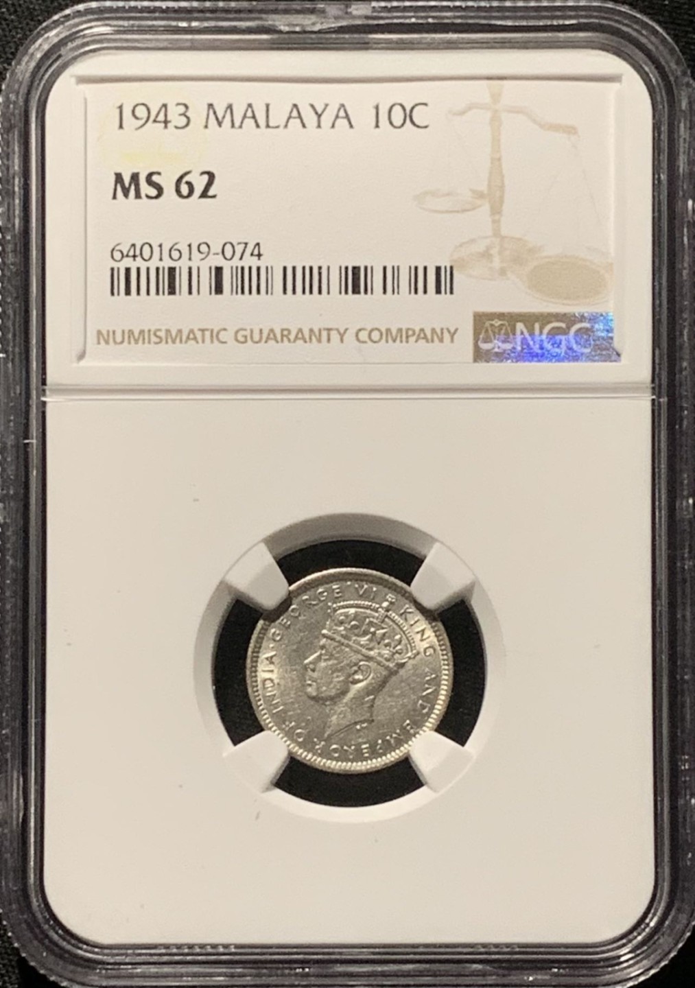 紫瑗钱币——第227期拍卖 马来亚 1943年 乔治六世 10分 银币 NGC MS62