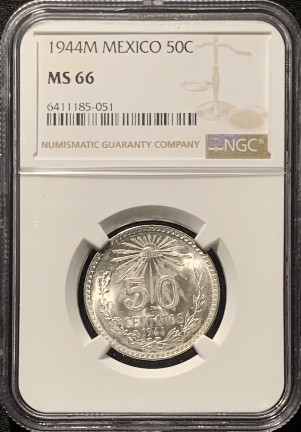 紫瑗钱币——第227期拍卖 墨西哥 1944年 M版 鹰洋 50分 银币 NGC MS66