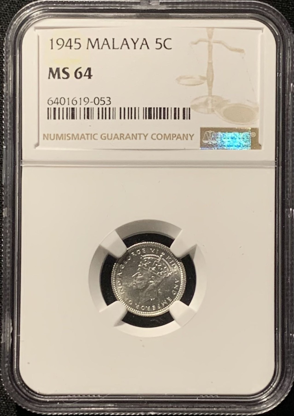 紫瑗钱币——第227期拍卖 马来亚 1945年 乔治六世 5分 银币 NGC MS64