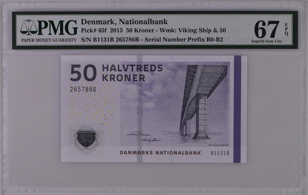 收藏联盟Quantum Auction 第208期拍卖(最后三拍新添测试钞评级币) 丹麦2013年50克朗 PMG67