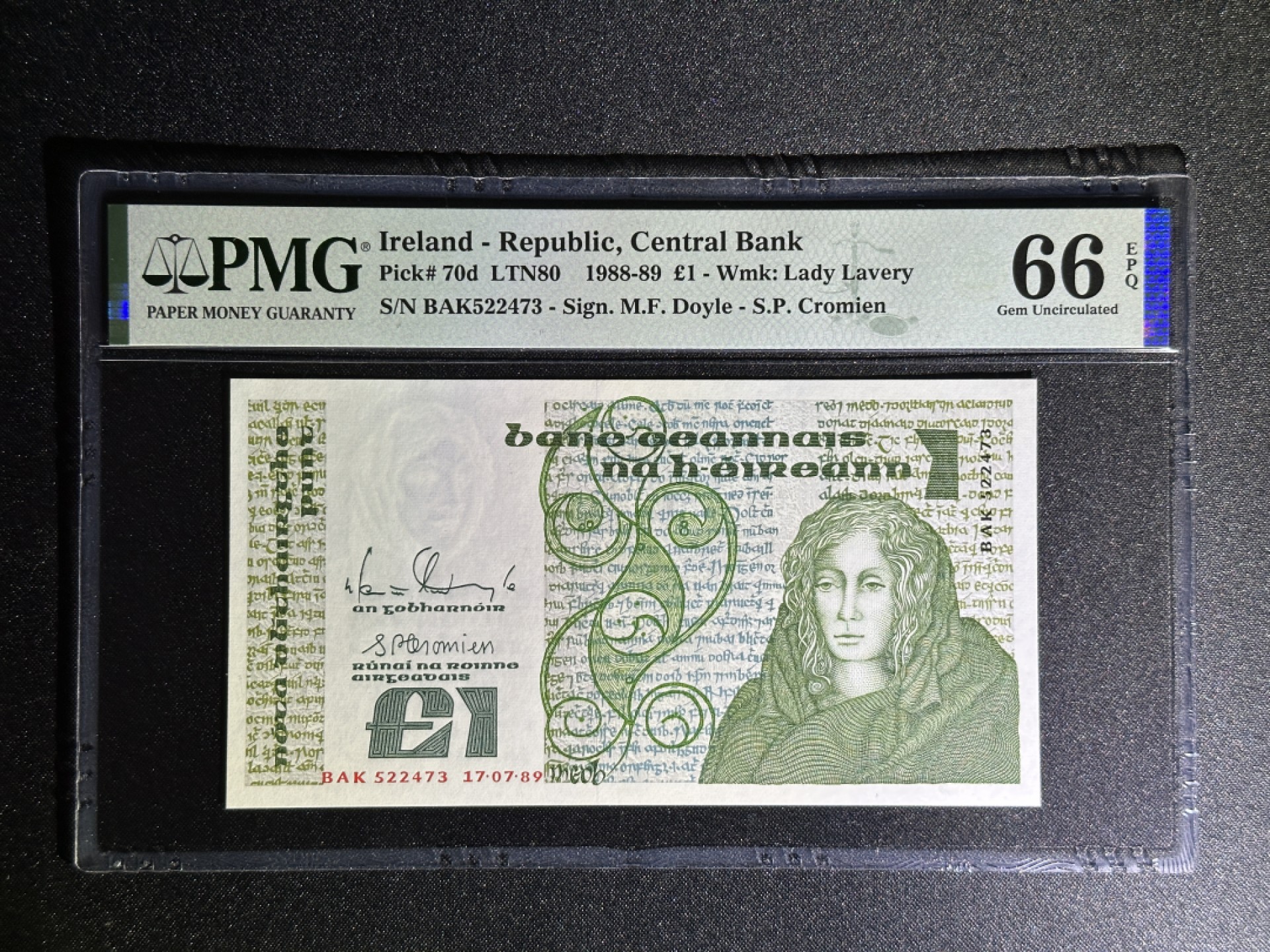 《张总收藏》79期——外币精品 爱尔兰1镑 PMG66E 1989年B序列