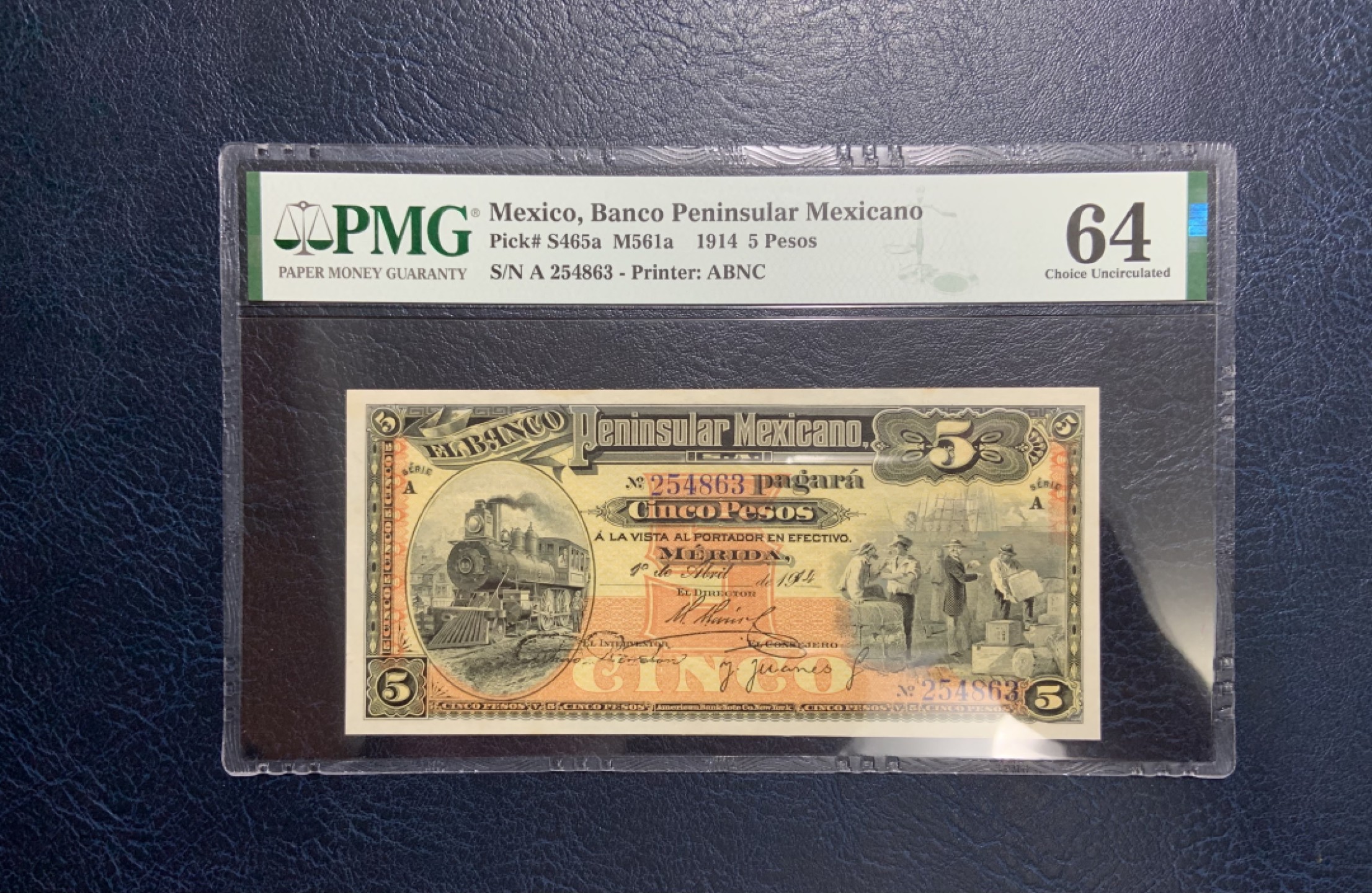 收藏联盟Quantum Auction 第208期拍卖(最后三拍新添测试钞评级币) 墨西哥1914年5比索 PMG64