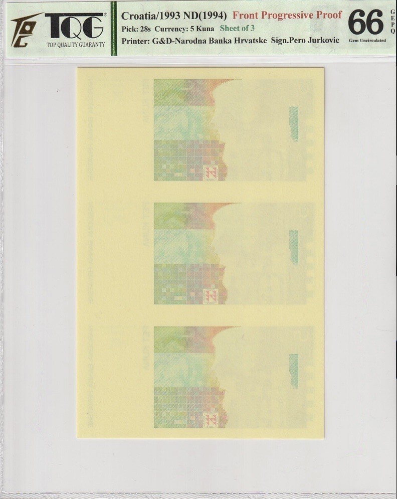 收藏联盟Quantum Auction 第208期拍卖(最后三拍新添测试钞评级币) 克罗地亚1994年5库纳单面雕刻样钞三连体 TQG66 稀少