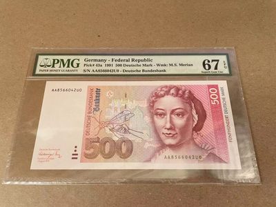 【Blue Auction】✨世界纸币精拍第249期【精】 - 【AA冠】德国 1991年500马克 PMG67EPQ 梅里安 