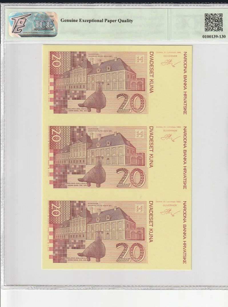 收藏联盟Quantum Auction 第208期拍卖(最后三拍新添测试钞评级币) 克罗地亚1994年20库纳单面雕刻样钞三连体 TQG68 稀少