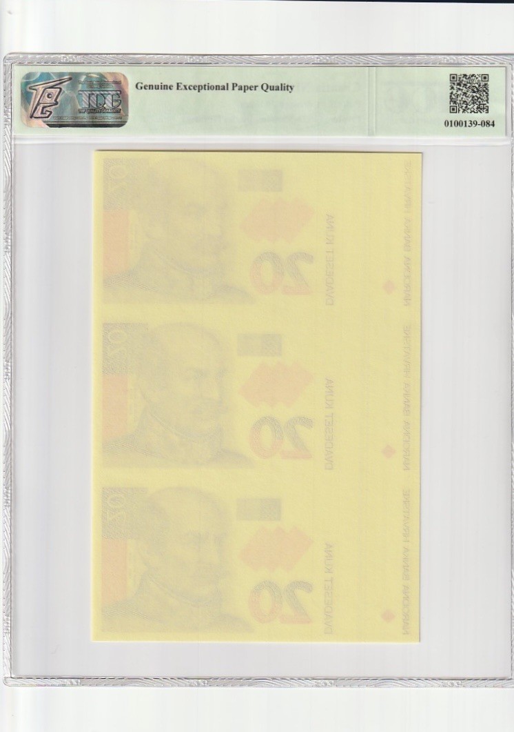 收藏联盟Quantum Auction 第208期拍卖(最后三拍新添测试钞评级币) 克罗地亚1994年20库纳单面雕刻样钞三连体 TQG69 稀少