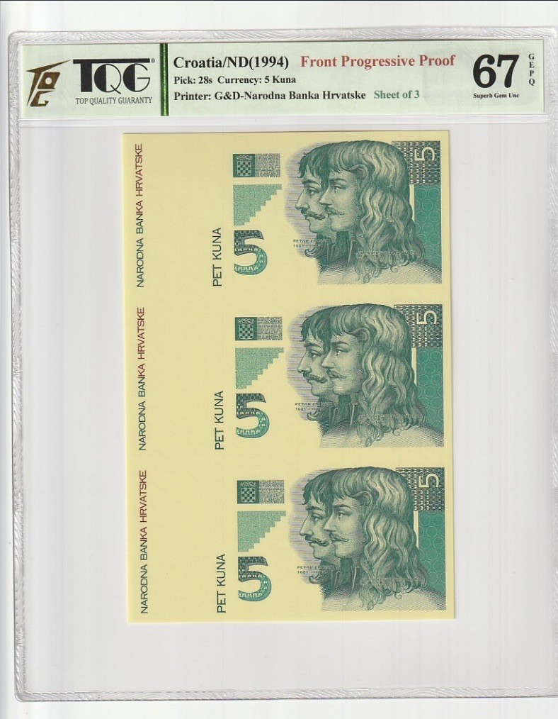 收藏联盟Quantum Auction 第208期拍卖(最后三拍新添测试钞评级币) 克罗地亚1994年5库纳单面雕刻样钞三连体 TQG67 稀少