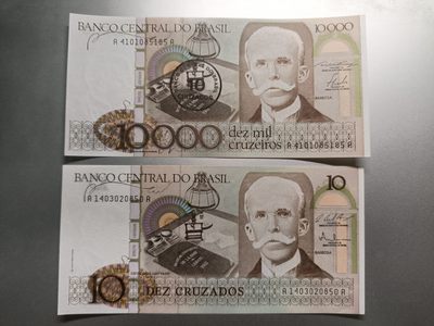 【专场20221111】新大陆——美洲纸币专题 - 【拍品004】巴西1986年10克鲁扎多两种版本全新UNC首发冠AA