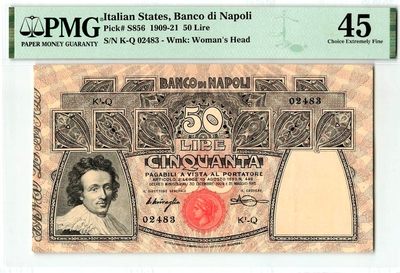 【Blue Auction】✨世界纸币精拍第249期【精】 - 【百年风云 实钞高分少见 那个年代罕见的高质感纸币】意大利 那不勒斯王国 1909-21年50里拉 PMG45 状态好 雅典娜