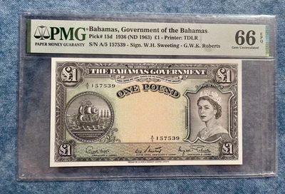 【Blue Auction】✨世界纸币精拍第249期【精】 - 巴哈马 1936年1镑 PMG66EPQ 高冠女王