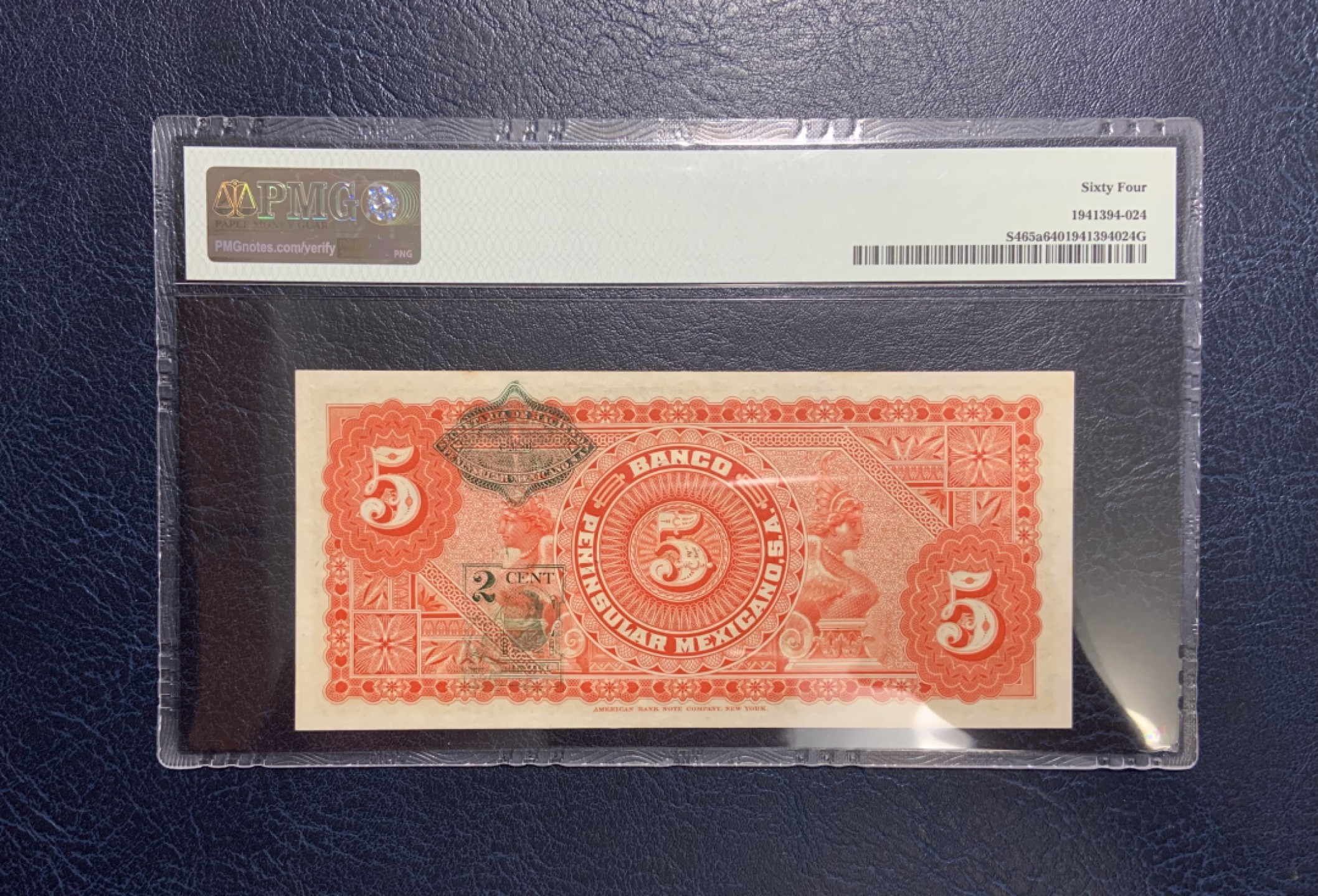 收藏联盟Quantum Auction 第208期拍卖(最后三拍新添测试钞评级币) 墨西哥1914年5比索 PMG64