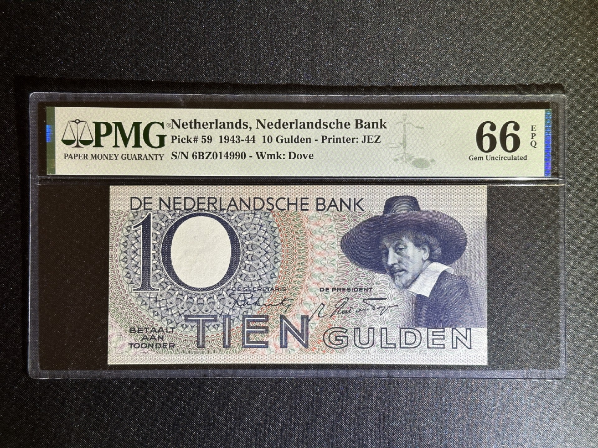《张总收藏》79期——外币精品 荷兰10盾 PMG66E 1944年早期版本 