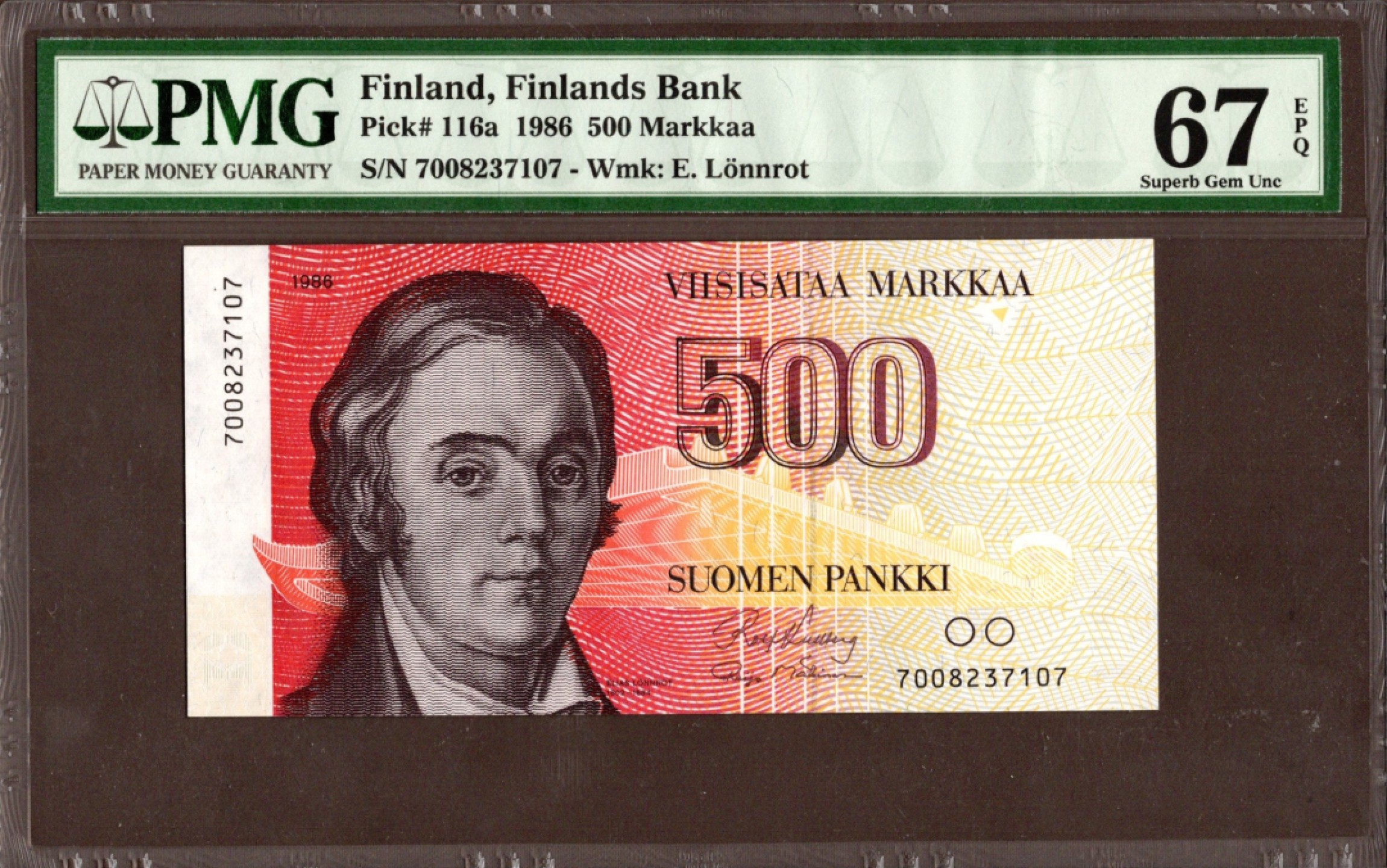 收藏联盟Quantum Auction 第208期拍卖(最后三拍新添测试钞评级币) 芬兰1986年500马克 PMG67 非littleA的稀少初版 