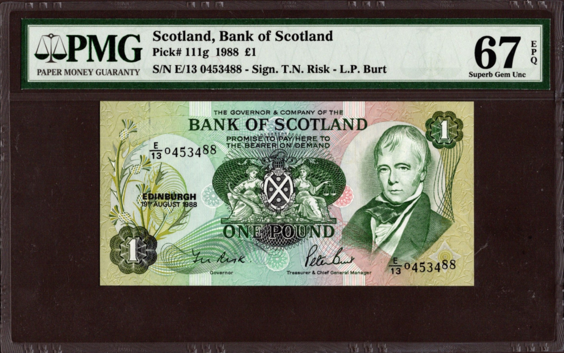 收藏联盟Quantum Auction 第208期拍卖(最后三拍新添测试钞评级币) 苏格兰1988年1镑 PMG67