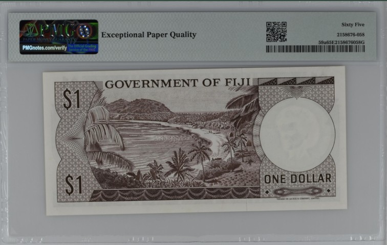 收藏联盟Quantum Auction 第208期拍卖(最后三拍新添测试钞评级币) 斐济群岛1969年1元 PMG65 稀少初版首发年份