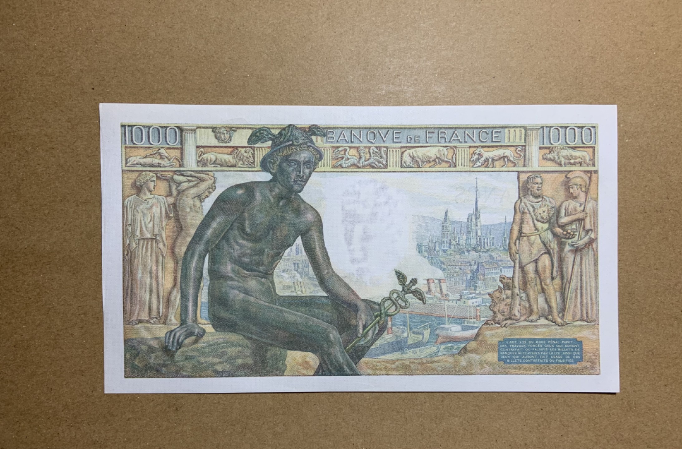 收藏联盟Quantum Auction 第208期拍卖(最后三拍新添测试钞评级币) 法国1942年1000法郎 品相UNC- 无针孔