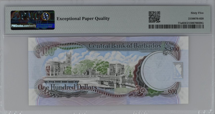 收藏联盟Quantum Auction 第208期拍卖(最后三拍新添测试钞评级币) 巴巴多斯2007年100元 PMG65 首版首签名 特拉法加广场 (英雄广场) 高面值