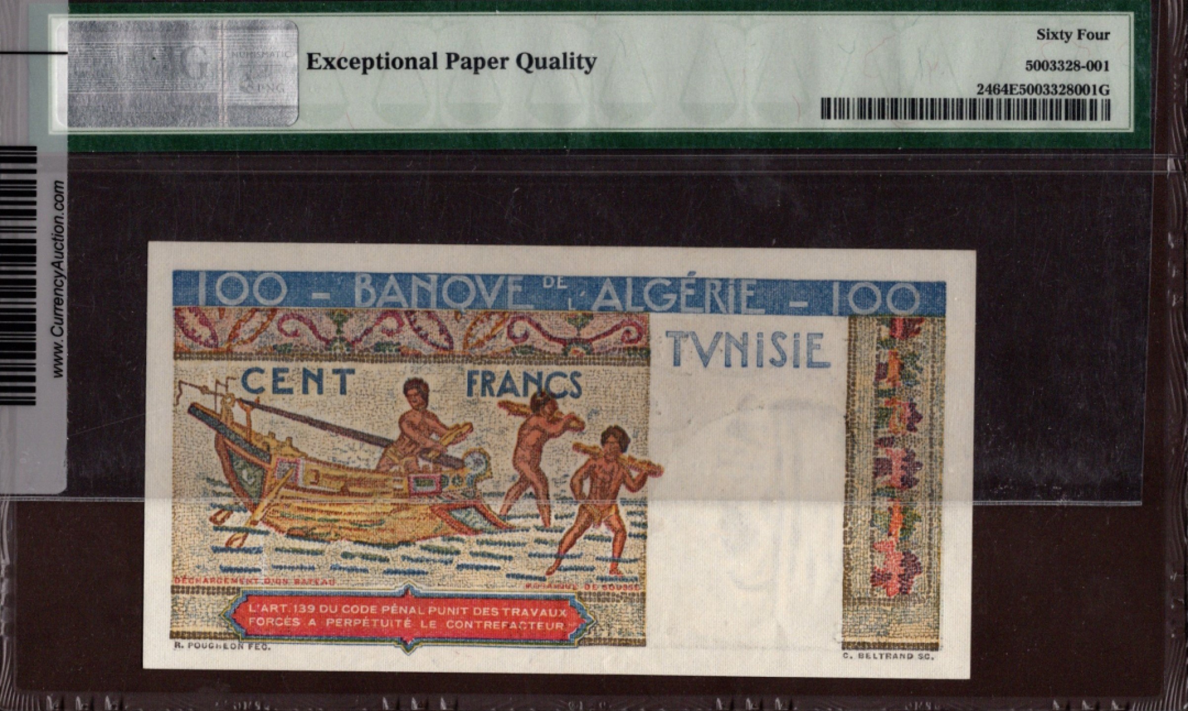 收藏联盟Quantum Auction 第208期拍卖(最后三拍新添测试钞评级币) 突尼斯1947年100法郎 PMG64e  亚军分 十分稀少 背面为国宝级马赛克瓷砖文物