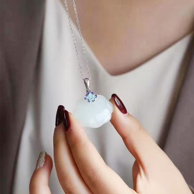 女款中国结如意平安锁烧蓝吊坠项链925纯银长命锁国风文艺项坠 女款中国结如意平安锁烧蓝吊坠项链925纯银长命锁国风文艺项坠