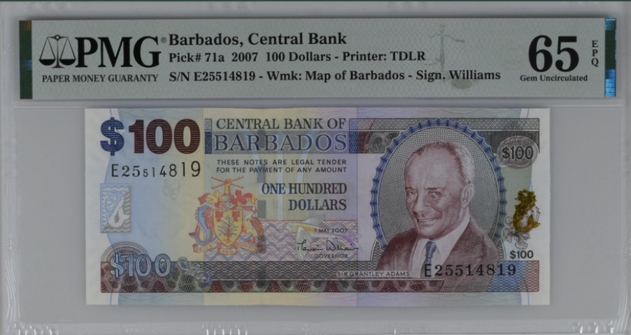 收藏联盟Quantum Auction 第208期拍卖(最后三拍新添测试钞评级币) 巴巴多斯2007年100元 PMG65 首版首签名 特拉法加广场 (英雄广场) 高面值