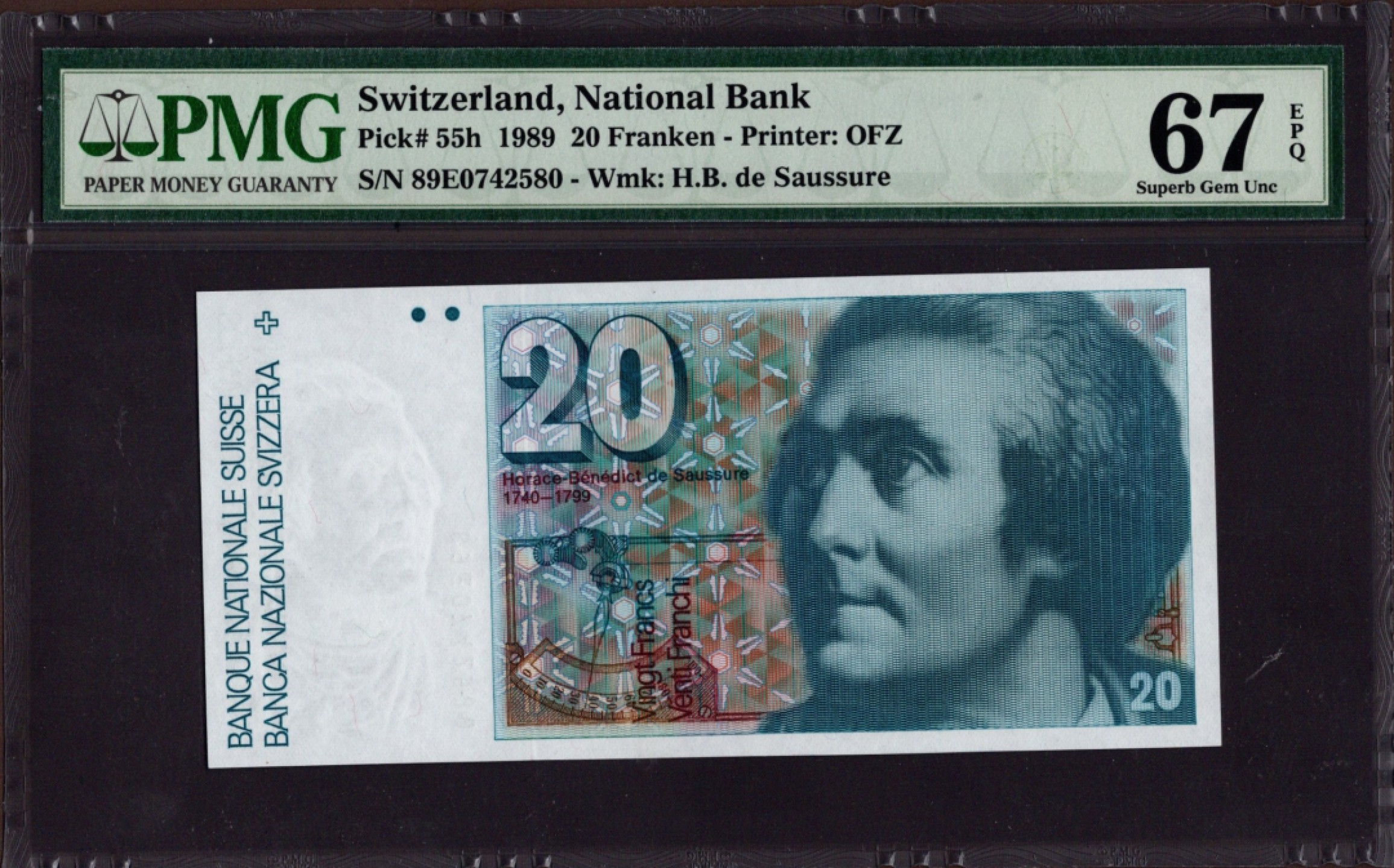 收藏联盟Quantum Auction 第208期拍卖(最后三拍新添测试钞评级币) 瑞士1989年20法郎 PMG67 阿尔卑斯登山队 