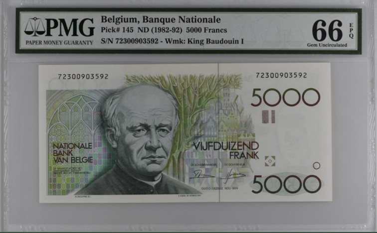 收藏联盟Quantum Auction 第208期拍卖(最后三拍新添测试钞评级币) 比利时1982-92年5000法郎 PMG66 诗人赛格尔 大蜻蜓 最后一版双面雕刻的高面值