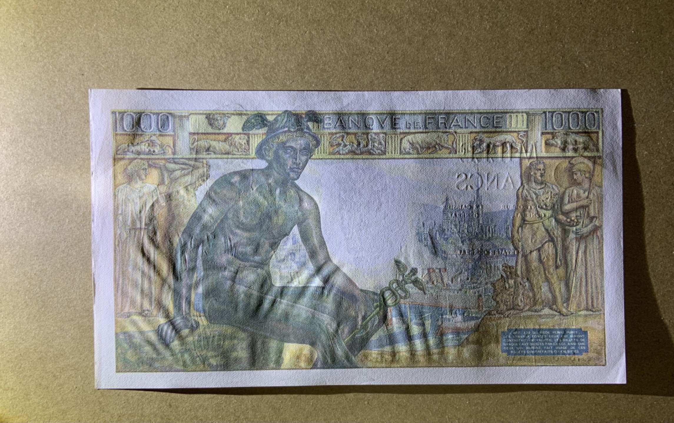 收藏联盟Quantum Auction 第208期拍卖(最后三拍新添测试钞评级币) 法国1942年1000法郎 品相UNC- 无针孔