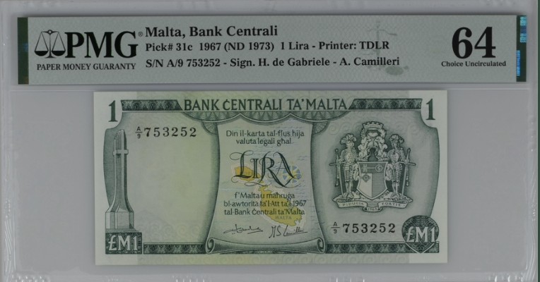 收藏联盟Quantum Auction 第208期拍卖(最后三拍新添测试钞评级币) 马耳他1973年1里拉 PMG64 德纳罗彩背 稀少版本