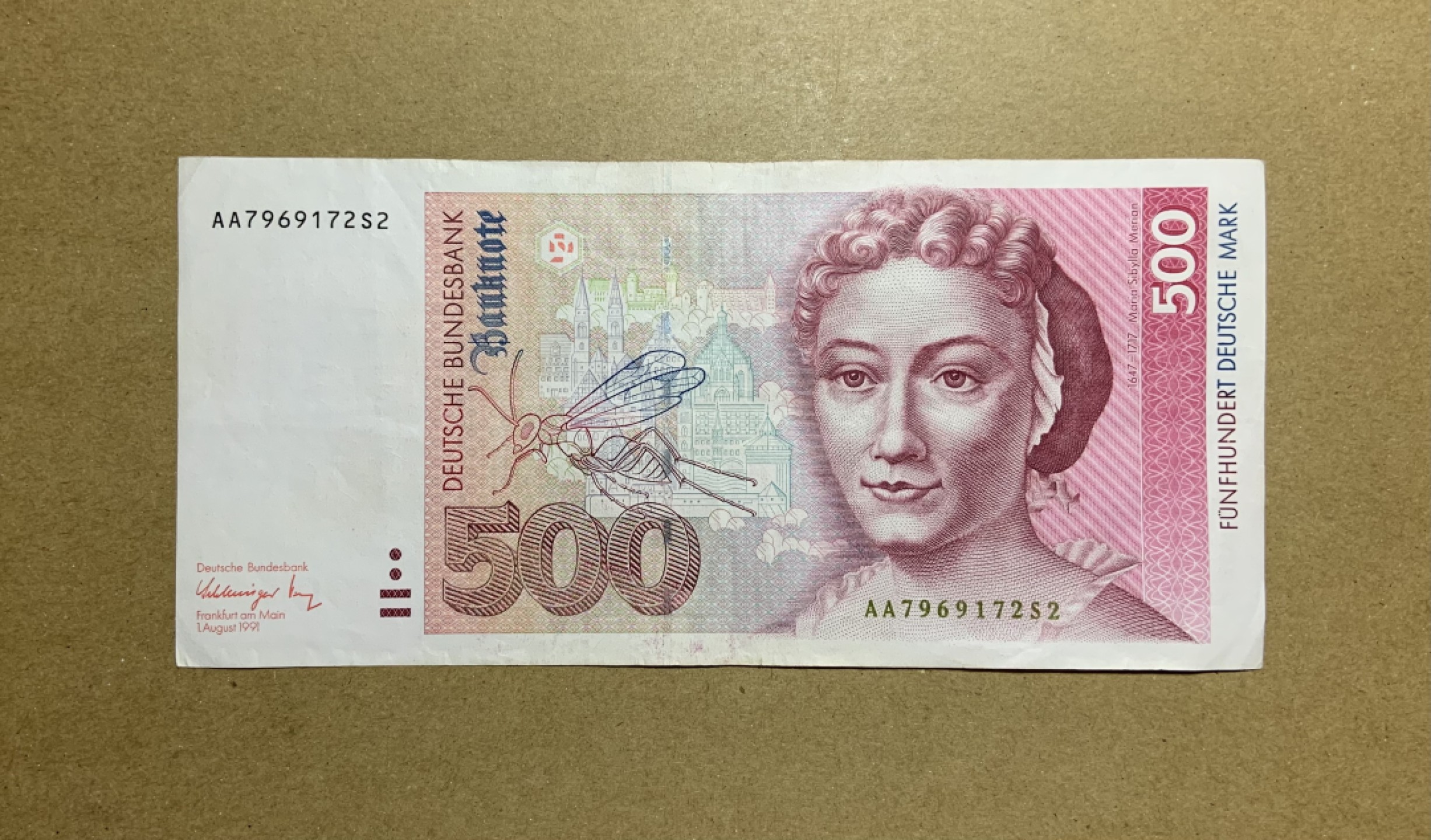 收藏联盟Quantum Auction 第208期拍卖(最后三拍新添测试钞评级币) 德国联邦1991年500马克 品相如图 原票 AA冠 生物学家 画家梅里安