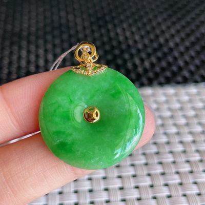 天然缅甸翡翠A货女款玉挂件纯银包金满绿冰糯种平安扣翡翠吊坠 - 天然缅甸翡翠A货女款玉挂件纯银包金满绿冰糯种平安扣翡翠吊坠