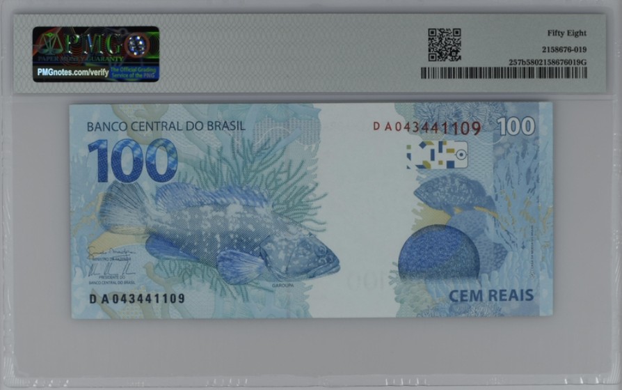 收藏联盟Quantum Auction 第208期拍卖(最后三拍新添测试钞评级币) 巴西2010年100里亚 PMG58 石斑鱼