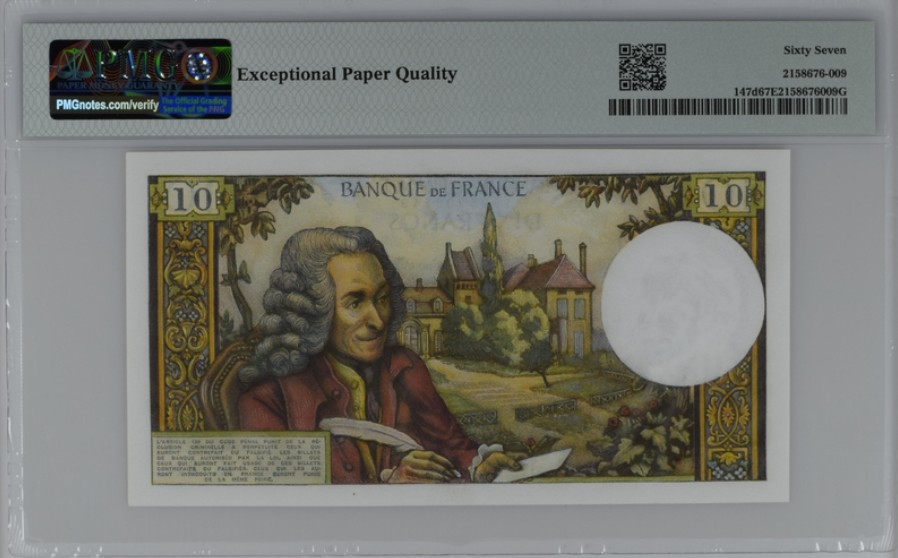 收藏联盟Quantum Auction 第208期拍卖(最后三拍新添测试钞评级币) 法国1971年10法郎 PMG67 伏尔泰