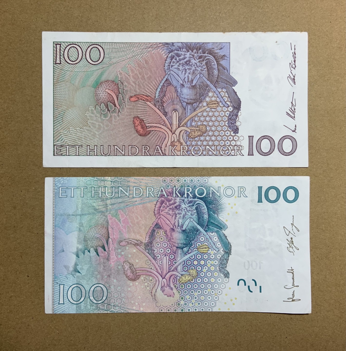 收藏联盟Quantum Auction 第208期拍卖(最后三拍新添测试钞评级币) 瑞典1989-2009年100克朗 品相AU- 不同版本 林奈 极致的文字缩印技术