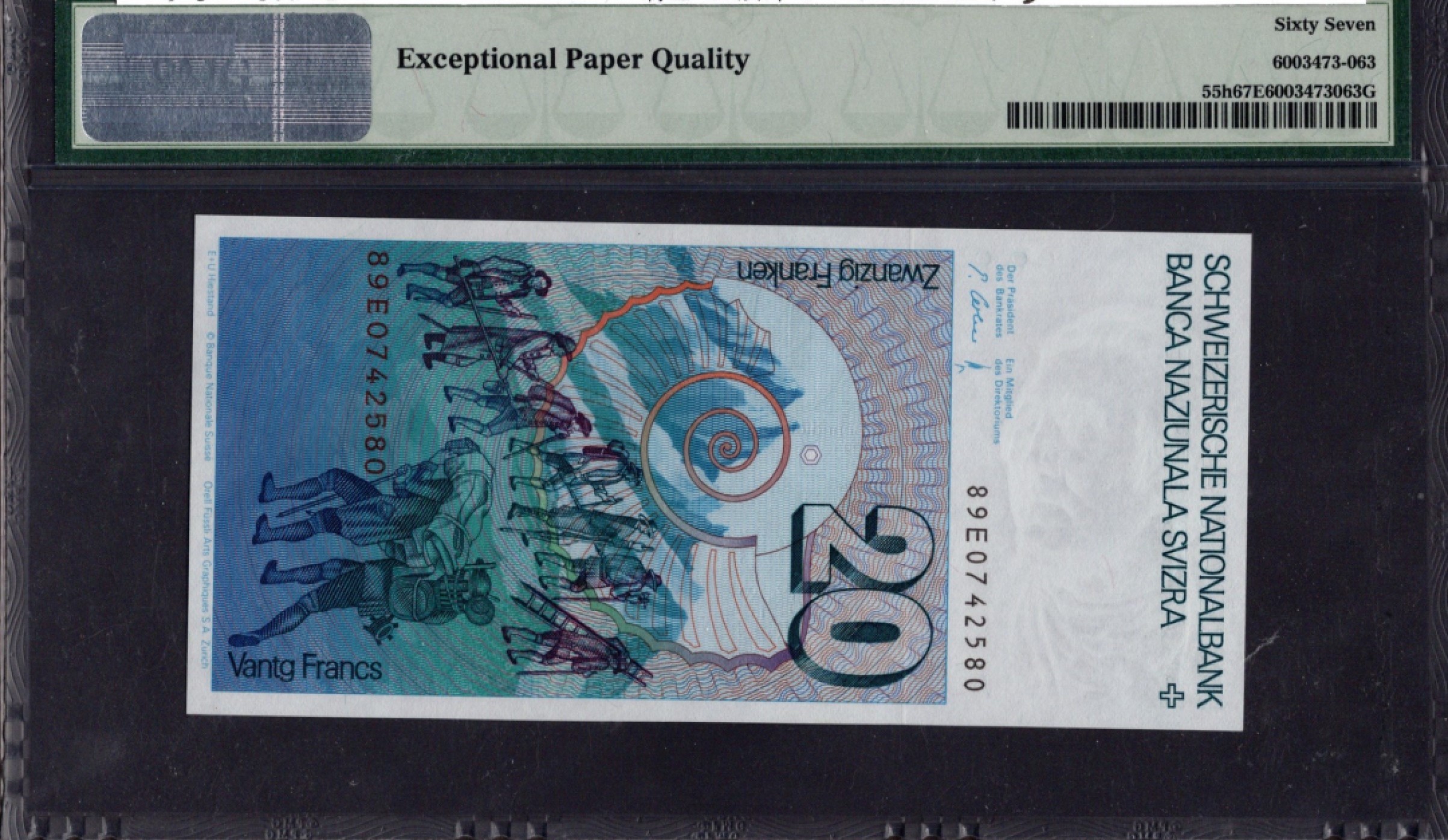 收藏联盟Quantum Auction 第208期拍卖(最后三拍新添测试钞评级币) 瑞士1989年20法郎 PMG67 阿尔卑斯登山队 