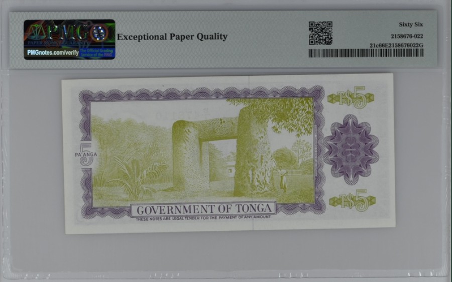 收藏联盟Quantum Auction 第208期拍卖(最后三拍新添测试钞评级币) 汤加1981-89年5潘加 PMG66 C版冠军分