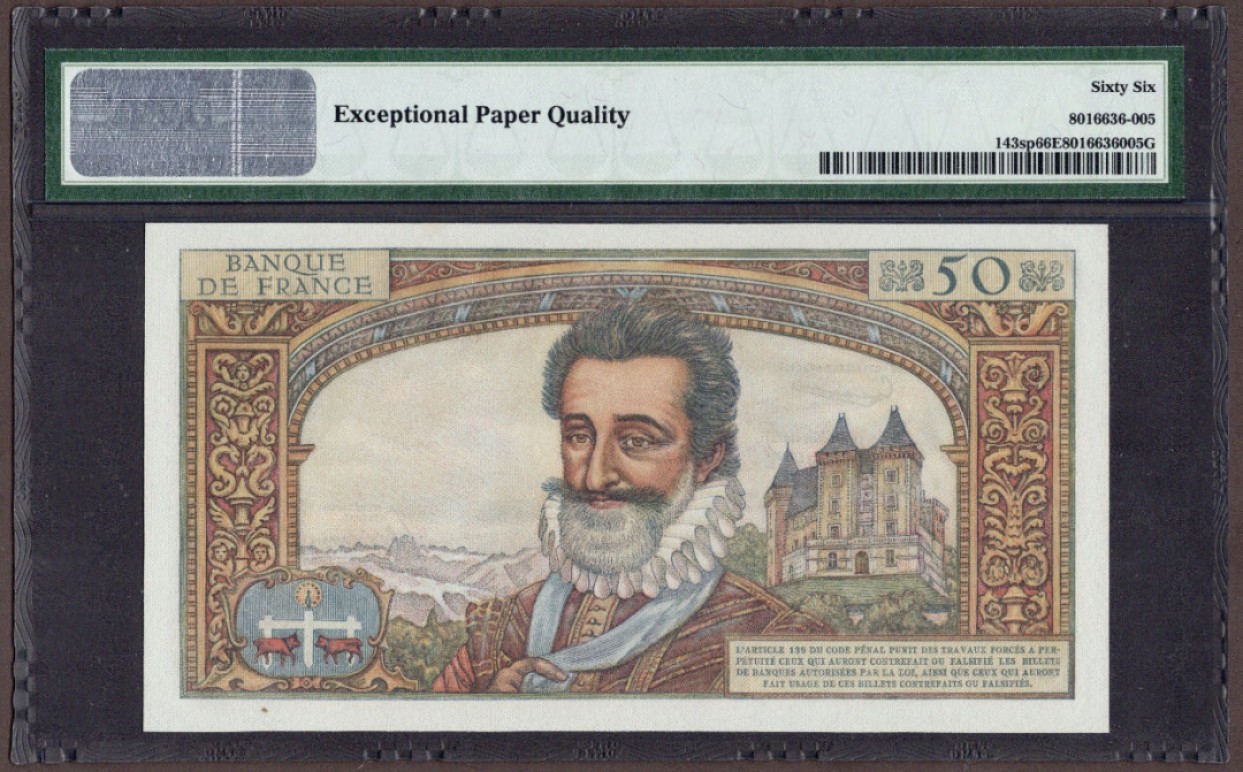 收藏联盟Quantum Auction 第208期拍卖(最后三拍新添测试钞评级币) 法国1959-61年50法郎样票 PMG66 亨利四世