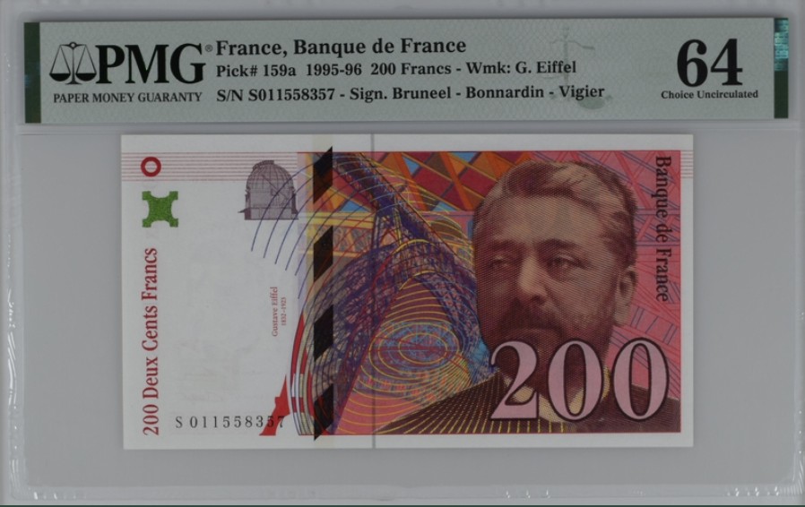 收藏联盟Quantum Auction 第208期拍卖(最后三拍新添测试钞评级币) 法国1996年200法郎 PMG64 