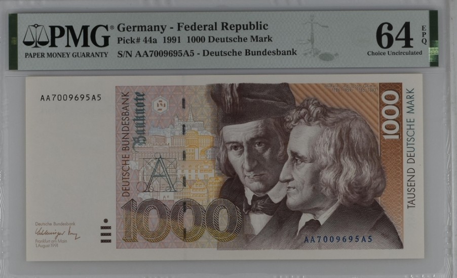收藏联盟Quantum Auction 第208期拍卖(最后三拍新添测试钞评级币) 德国联邦1991年1000马克 PMG64e  少见AA_A冠 童话大师格林兄弟