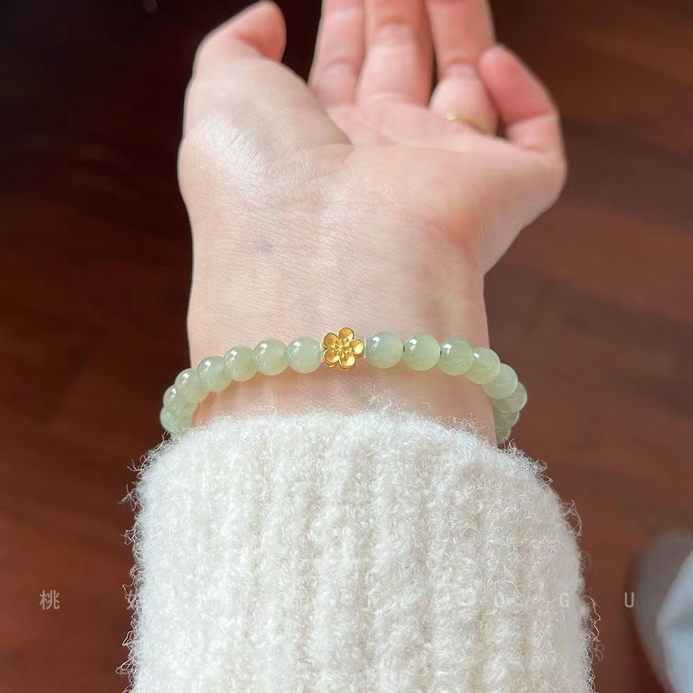 高品质晴水和田玉圆珠女手串简约手链镀金桃花手链ins小众设计