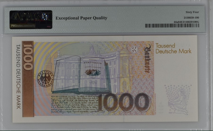 收藏联盟Quantum Auction 第208期拍卖(最后三拍新添测试钞评级币) 德国联邦1991年1000马克 PMG64e  少见AA_A冠 童话大师格林兄弟