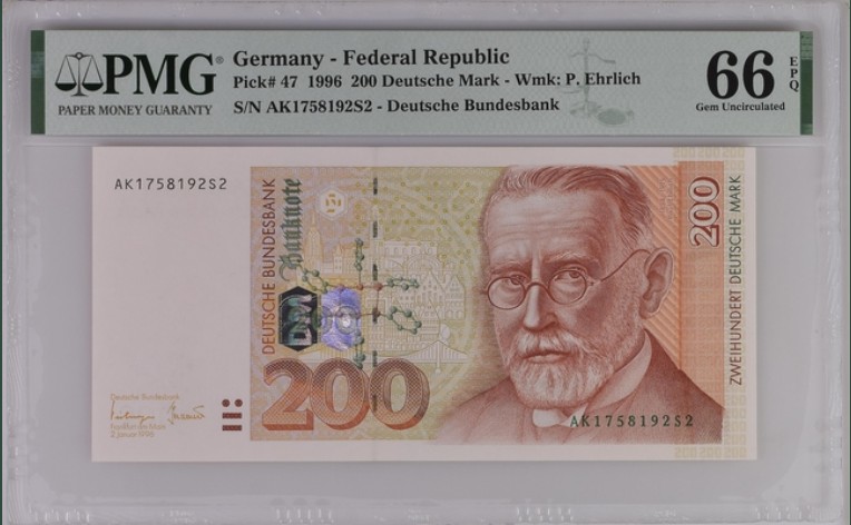 收藏联盟Quantum Auction 第208期拍卖(最后三拍新添测试钞评级币) 德国联邦1996年200马克 PMG66 梅毒特效药666发现者 艾尔利希