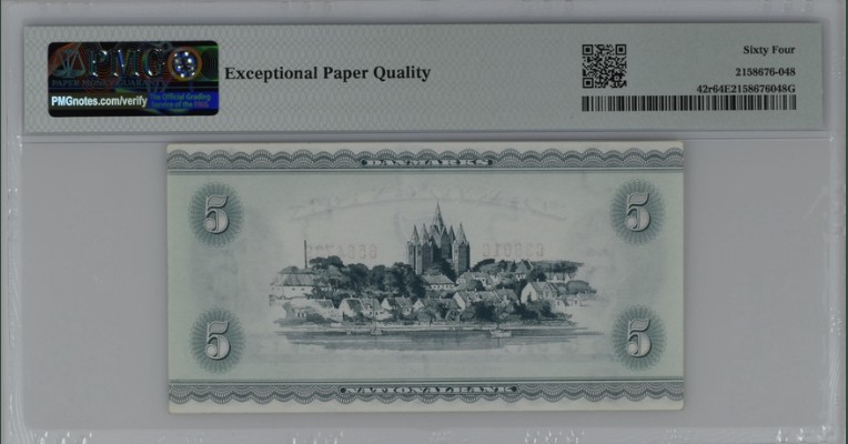 收藏联盟Quantum Auction 第208期拍卖(最后三拍新添测试钞评级币) 丹麦1960年5克朗 PMG64e 三裸女 稀少