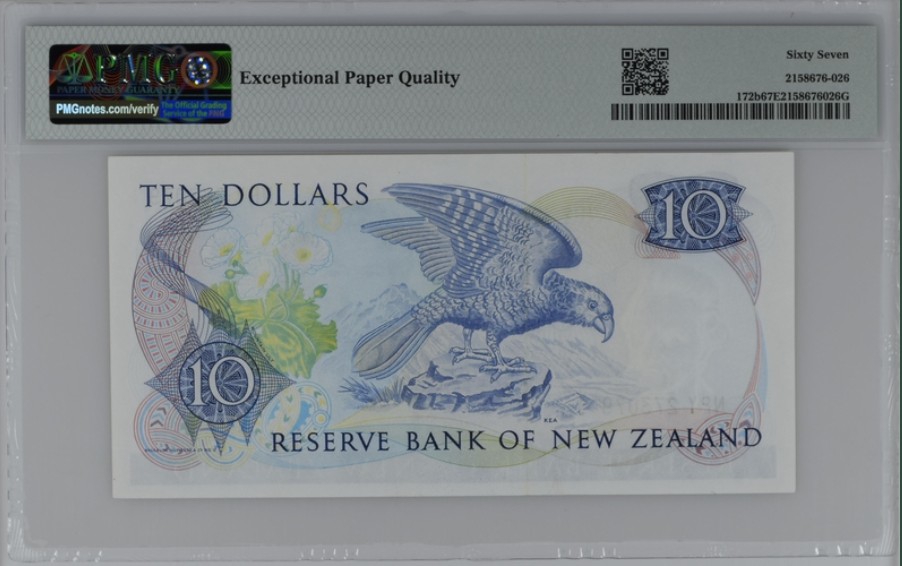 收藏联盟Quantum Auction 第208期拍卖(最后三拍新添测试钞评级币) 新西兰1985-89年10元 PMG67 产于新西兰的食肉鹦鹉(啄羊鹦鹉)