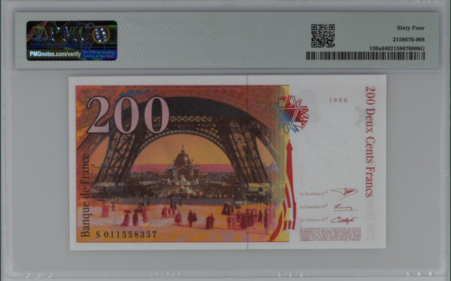 收藏联盟Quantum Auction 第208期拍卖(最后三拍新添测试钞评级币) 法国1996年200法郎 PMG64 