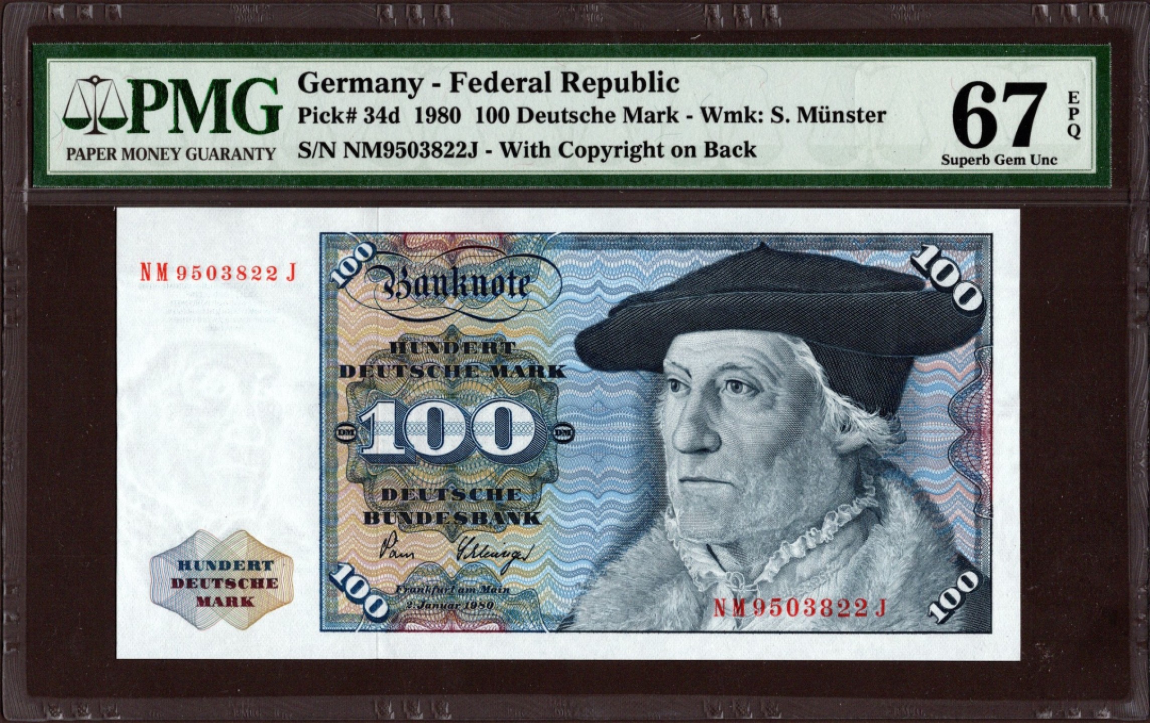 收藏联盟Quantum Auction 第208期拍卖(最后三拍新添测试钞评级币) 德国联邦1980年100马克 PMG67 明斯特