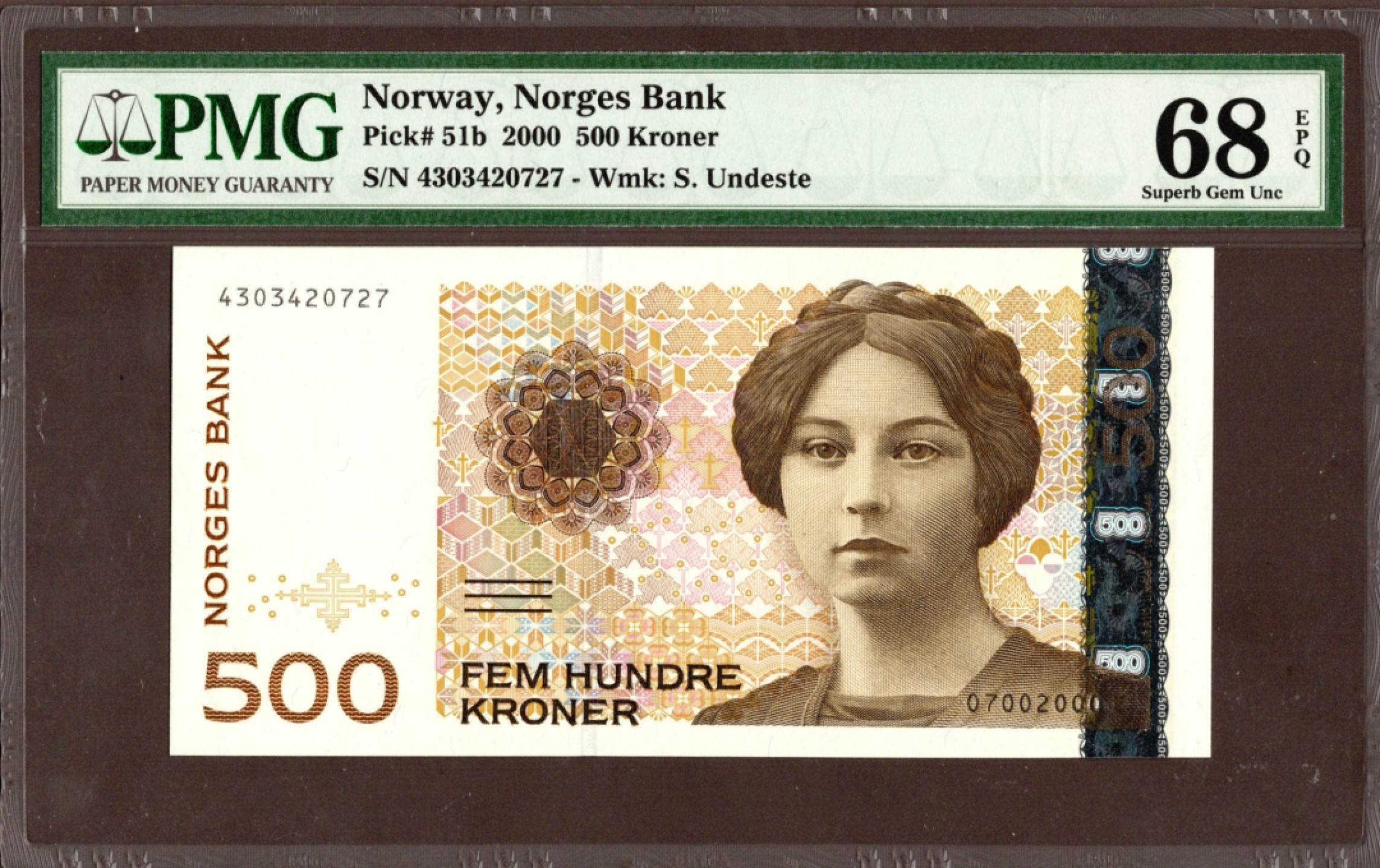 收藏联盟Quantum Auction 第208期拍卖(最后三拍新添测试钞评级币) 挪威2000年500克朗 PMG68 