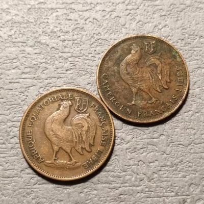 0起1加-纯粹捡漏拍-136场散币场 - 法属喀麦隆1943年50分铜币+法属赤道非洲1943年50分铜币2枚一组