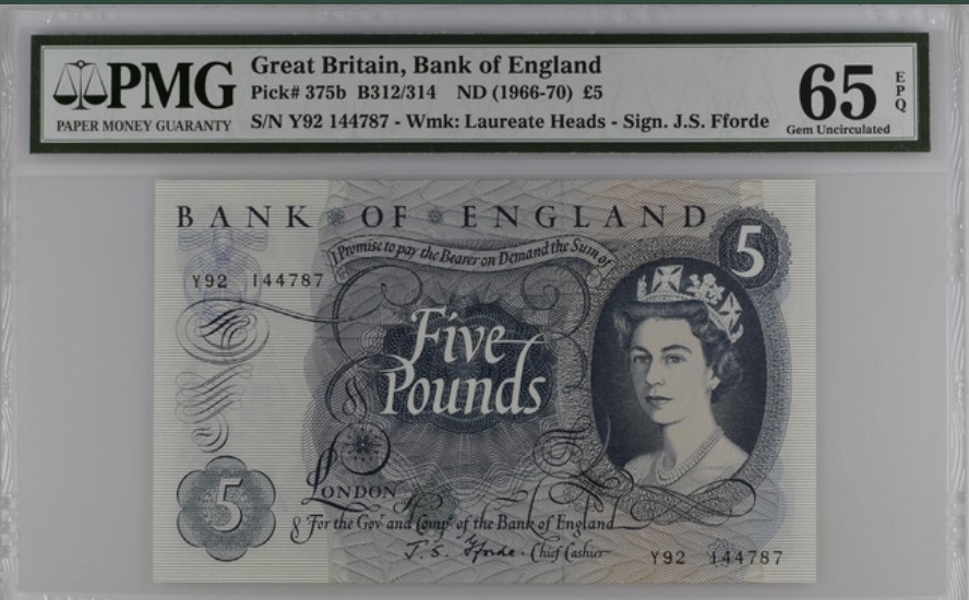收藏联盟Quantum Auction 第208期拍卖(最后三拍新添测试钞评级币) 英国1966-70年5镑 PMG65 帝国女神